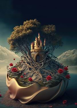 Fantasy castle with roots