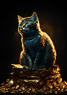 Cat sitting on pile gold