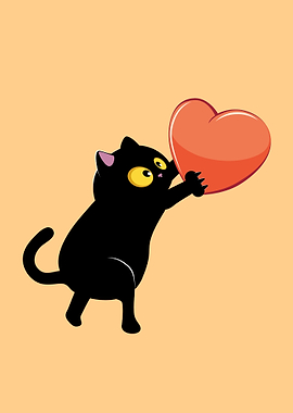 Black cat holding heart