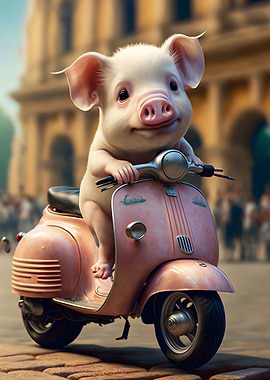 Piglet riding Vespa