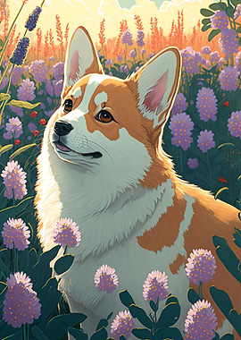 Corgi Dog in Flowers