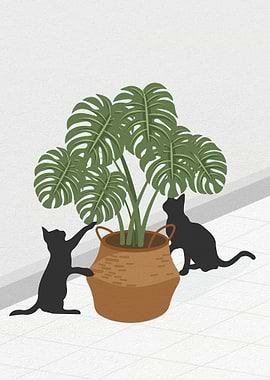 Cat and monstera plant