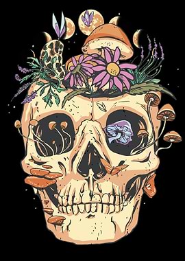 Skull wi flowers mushrooms