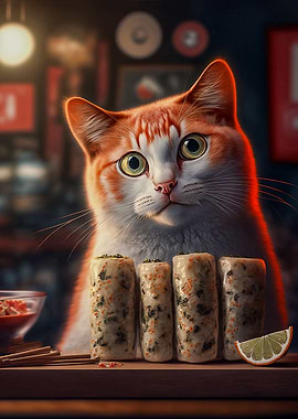 Cat with Spring Rolls