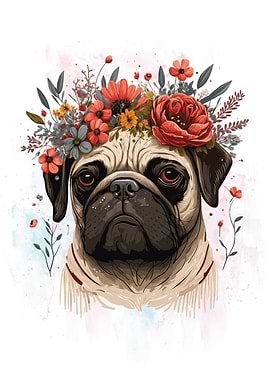 Floral Pug Dog Flower Art