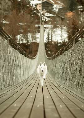 DOG RUNNING ON THE BRIDGE