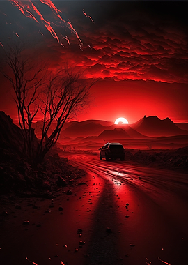 nature red sky and car