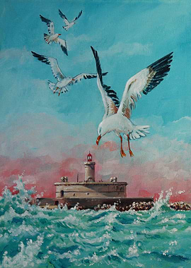 Lighthouse Seagulls Waves