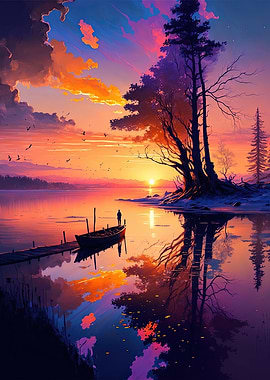 Lonely Boat At Sunset