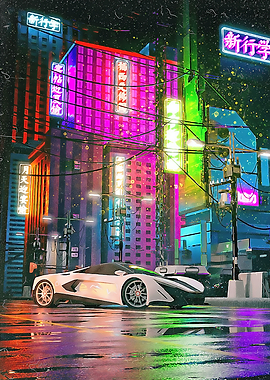 White Car Neon tokyo