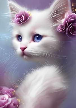 White Cat with Flowers