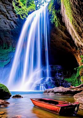 Asian waterfall and boat