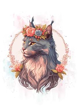 Floral Maine Coon Cat Art