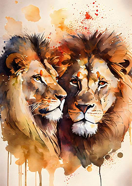 Lions Couple Watercolor