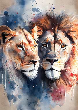 Lions Couple Watercolor