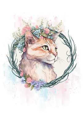 Watercolor Flower Manx Cat