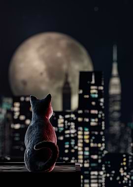 Cat and Moon in The Dark