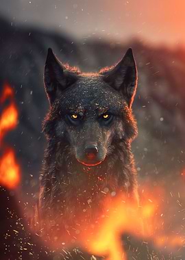 Black Wolf in fire