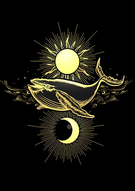 Golden Whale Flying in Sky