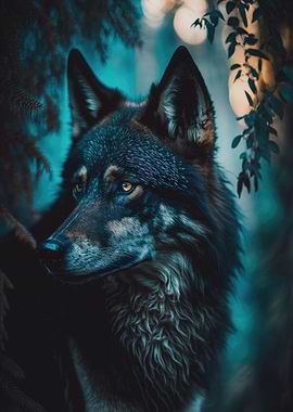 Wolf looks out forest