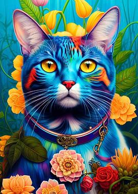 Blue Cat with Flowers