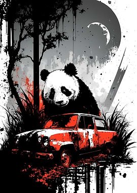 Panda Behind A Rusted Car
