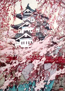 Ukiyo e Castle and cherry