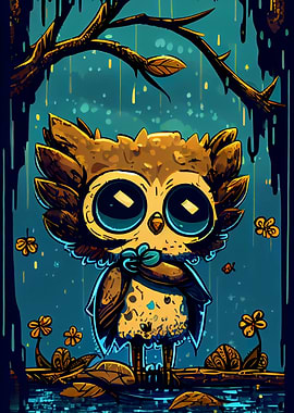 A cute owl under the rain