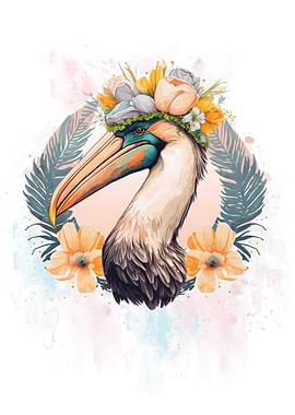 Floral Watercolor Pelican