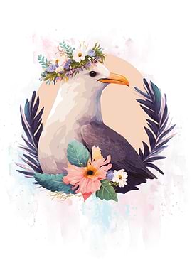 Floral Watercolor Seagull
