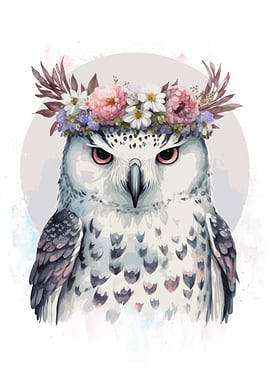 Floral Watercolor Snow Owl
