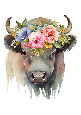 Watercolor Cute Buffalo