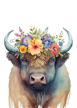 Watercolor Cute Bison