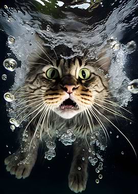 Frightened cat under water