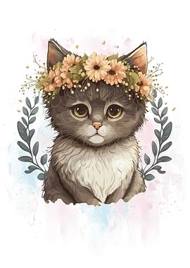 Floral Watercolor Baby Cat