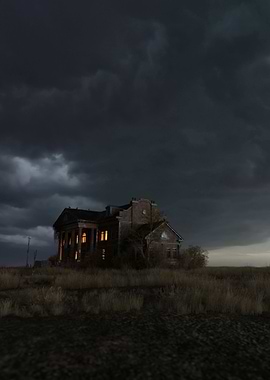 Manor with lit windows