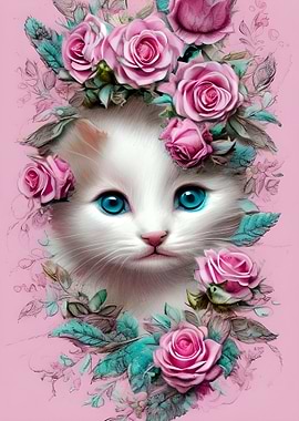 Cute white Cat with Roses