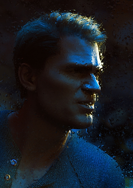 Man behind wet window