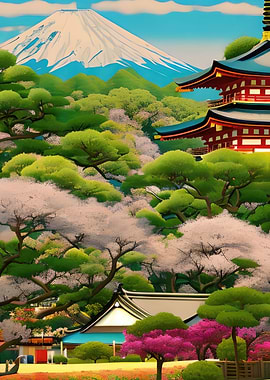 Red Pagoda with Mount Fuji