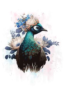 Floral Watercolor Peafowl