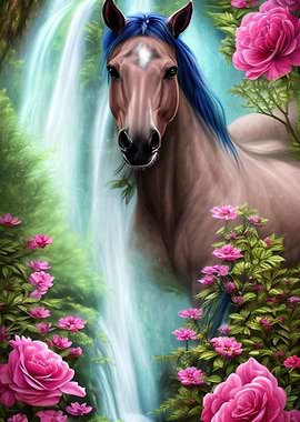 Brown Horse at Waterfall