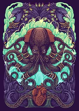 Octopus Peacok Engraving