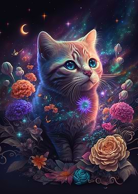 cat and flower neon