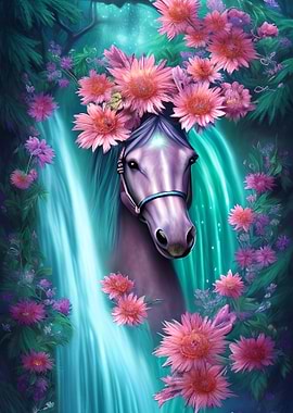 Brown Horse with Flowers
