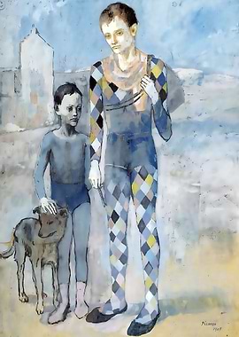 two acrobats with a dog