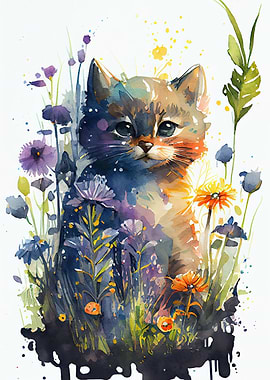 Watercolor cat animal