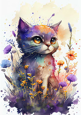 Watercolor Cat Flowers
