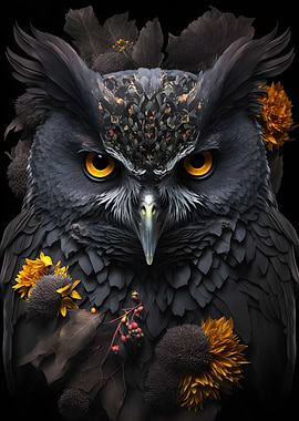 owl face with flowers art