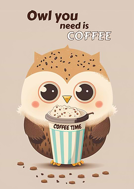 Cute owl with coffee cup