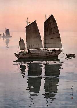 Ukiyo e Sailboats Evening